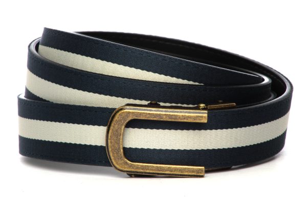 1.25 Navy White Stripe Cloth Strap with Traditional Antiqued Gold w  Curve For Sale